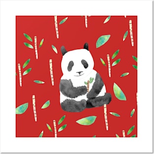 Watercolor Pandas and sugar cane on deep forest green Posters and Art